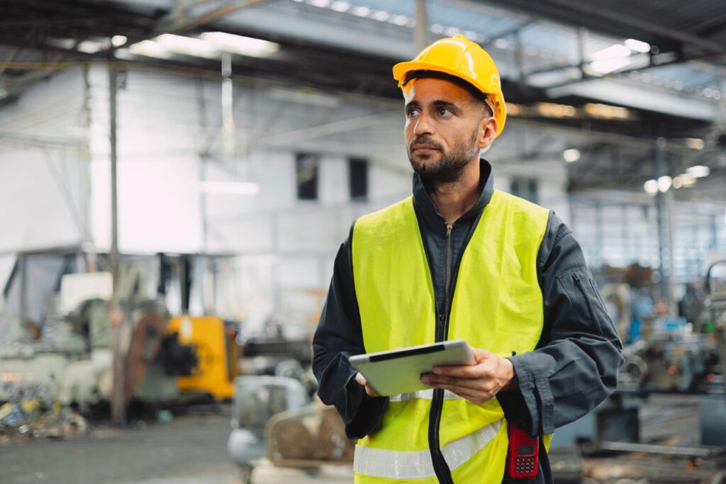 Construction worker planning warehouse construction schedule